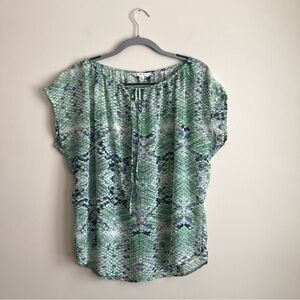 Cabi Sheer Green Blue Snakeskin Print Short Sleeve Top